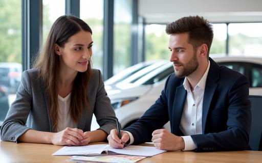 Asesor financiero explicando opciones de renting a un cliente